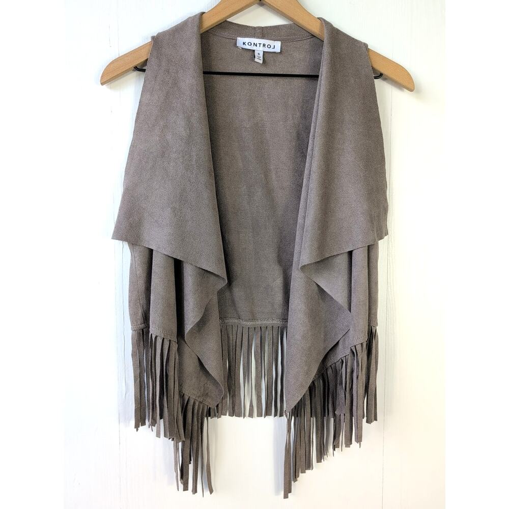Kontrol Women’s Vest Small Brown Open Front Waterfall Fringe Boho Festival Retro